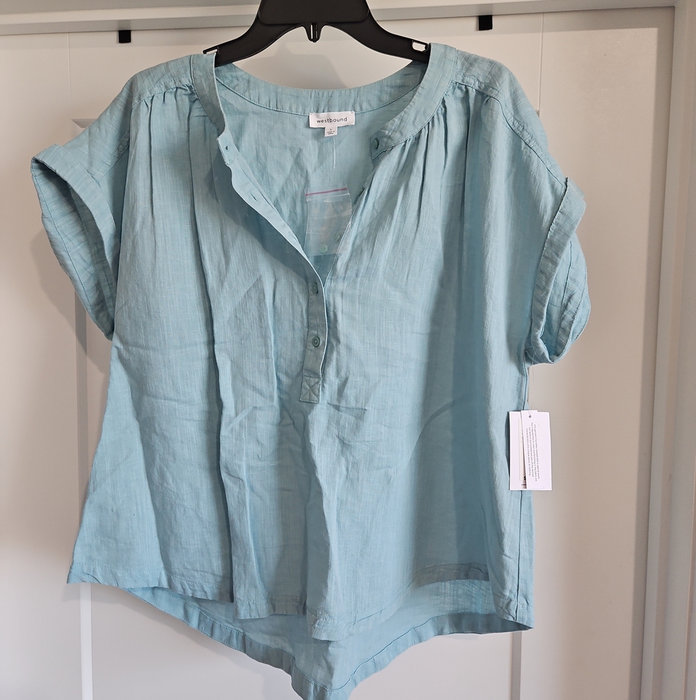 Willow & Clay Pale Aqua Button-Front Relaxed Henley Blouse